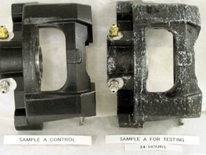 Comparison of control sample and test sample after life cycle testing. The test sample shows heavy corrosion and wear.