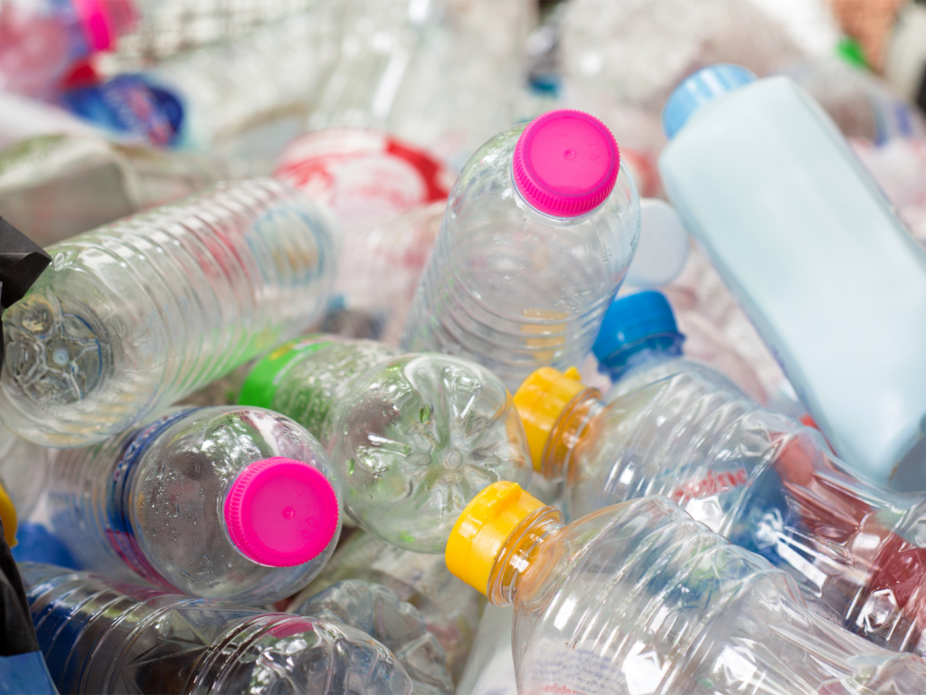 Plastic water bottles with multi-colored caps