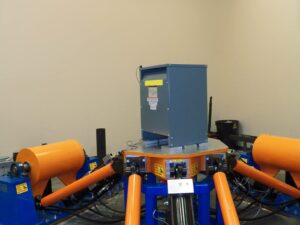 Electrical transformer on a seismic table for testing
