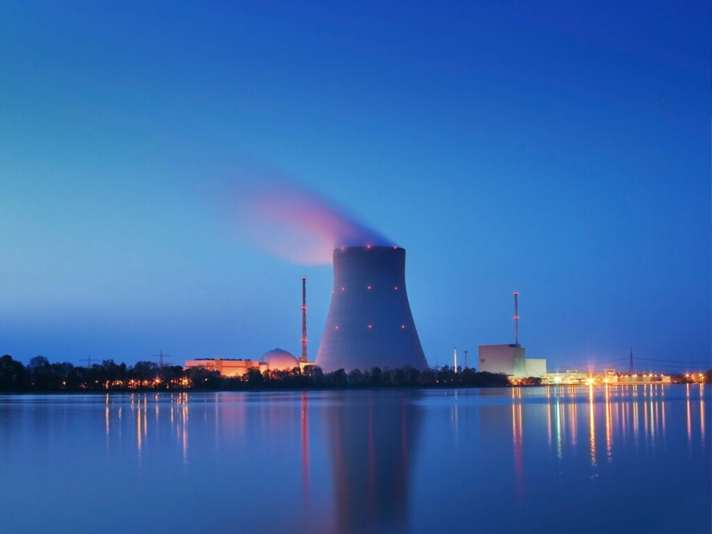 Cooling tower of a nuclear power plant at dawn.