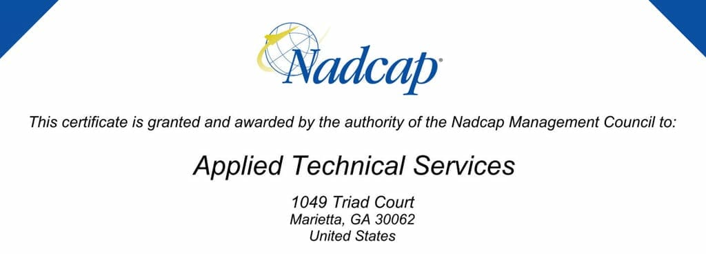 Nadcap NDT certificate awarded by the authority of the Nadcap Management Council to ATS