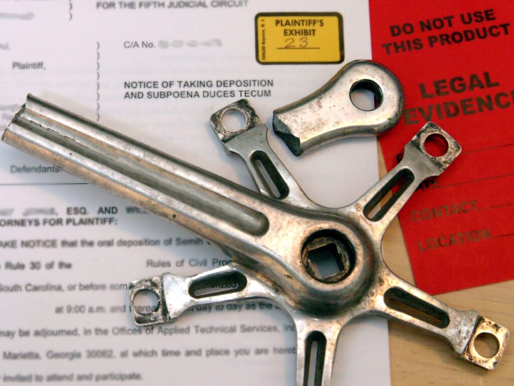 A failed mechanical tool on top of papers for legal evidence