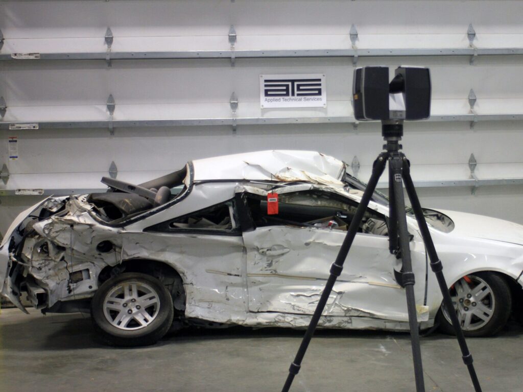 3D scanner and crashed vehicle in our lab