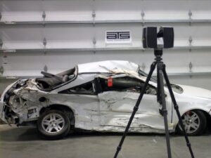 3D scanner and crashed vehicle in our lab