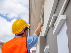 Low angle view of a structural engineer pointing to the window of a building
