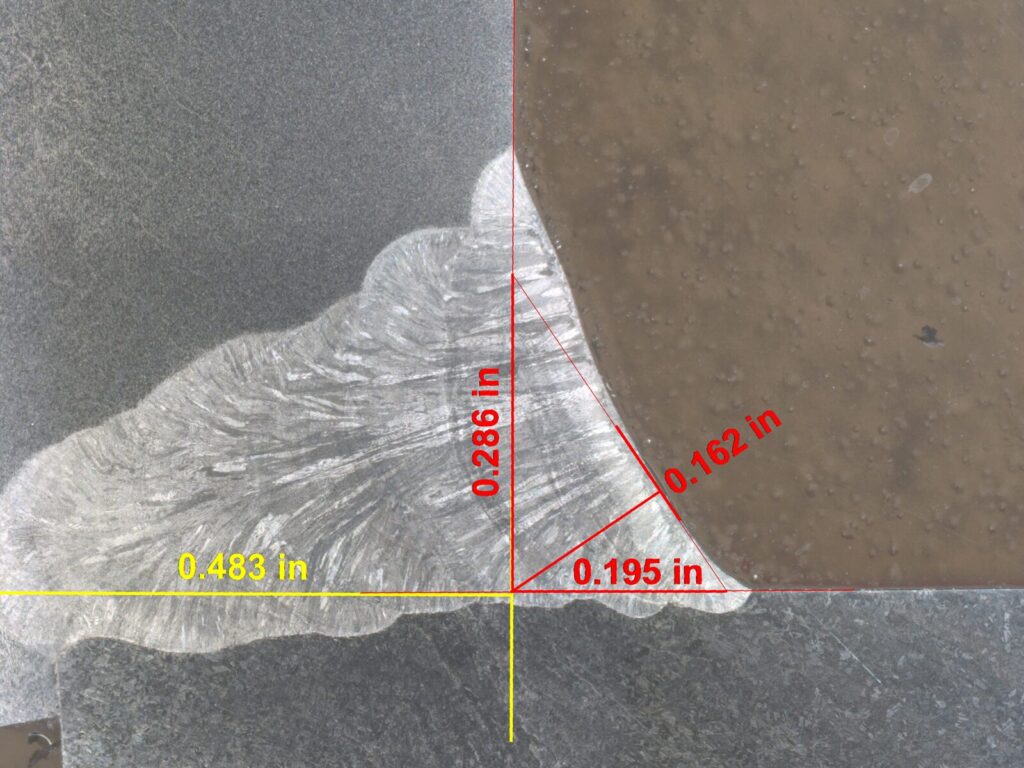 Macro etch and dimensional measurements of a weld.