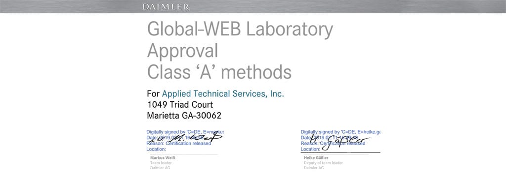 Our Daimler Class 'A' Certification Acknowledging ATS as an Approved Lab