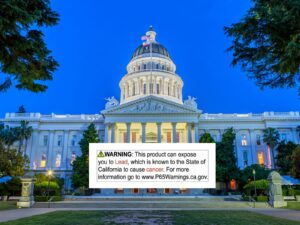 Picture of the California state capitol at night overlaid with a lead content warning label