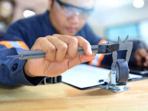 Technician measures a metal wheel with a Vernier length gage
