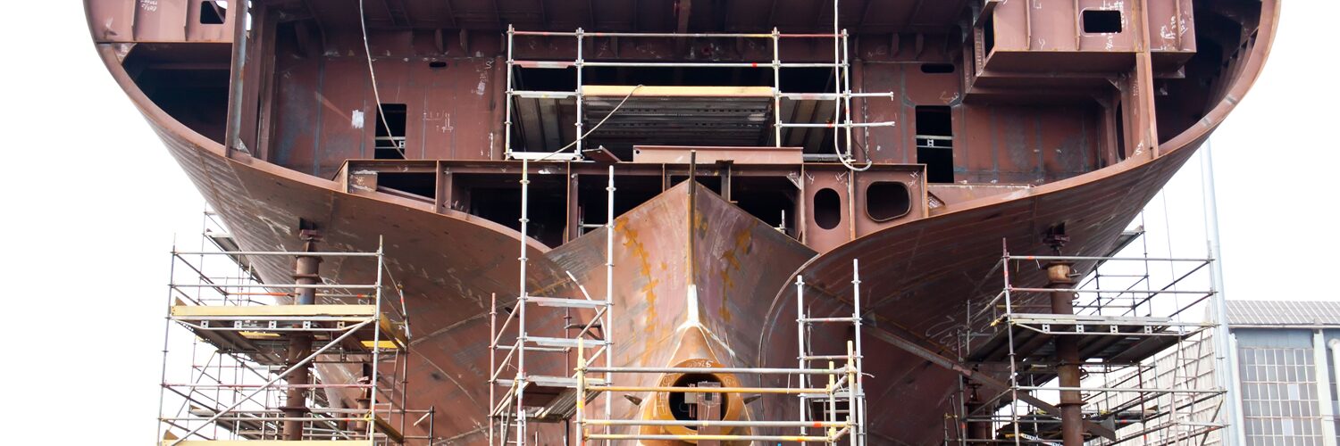 Ship under construction at a dry dock