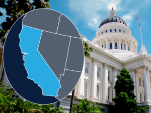 California capitol building with an inset map of the state