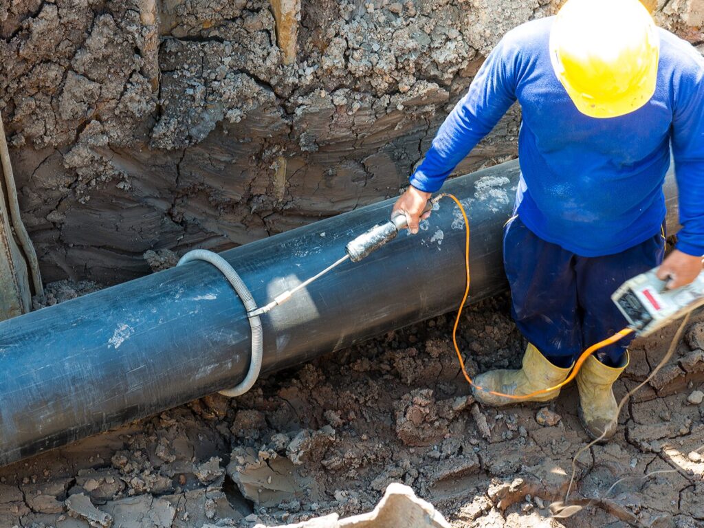 Field technician holds a holiday detector on an underground pipeline