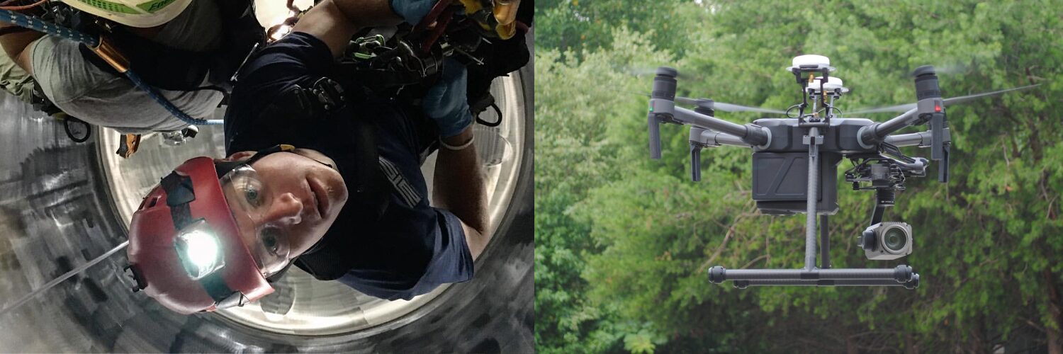 From left to right: two rope access technicians in a tunnel and a drone in front of trees