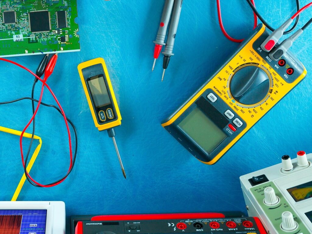Overhead view of a table of electrical testing equipment