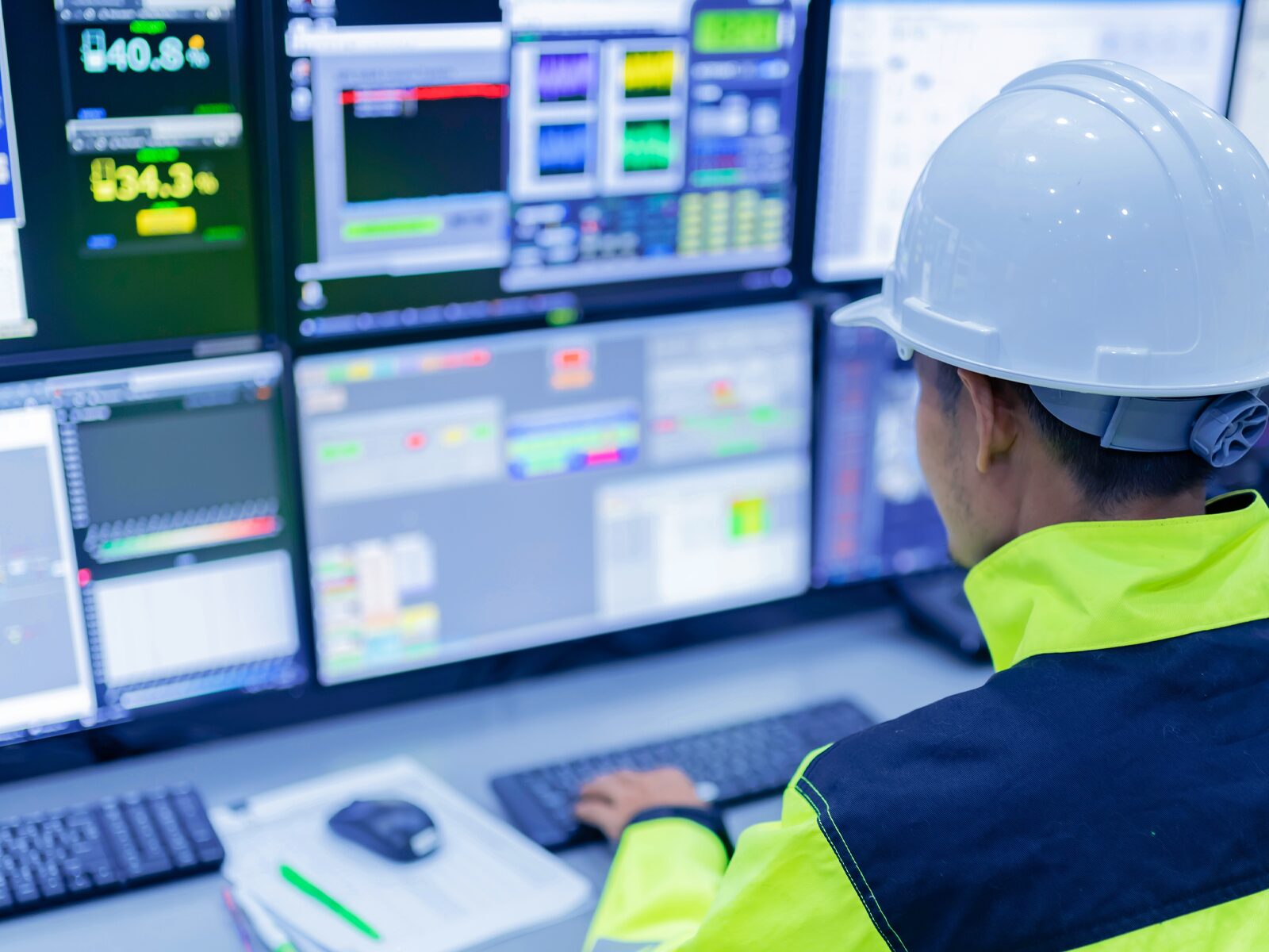 Engineer at a desk with multiple computer monitors