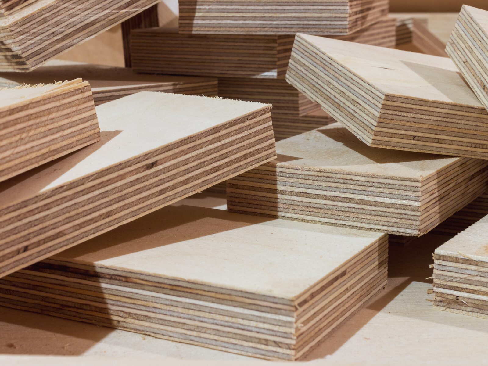 Focus on a pile of plywood blocks