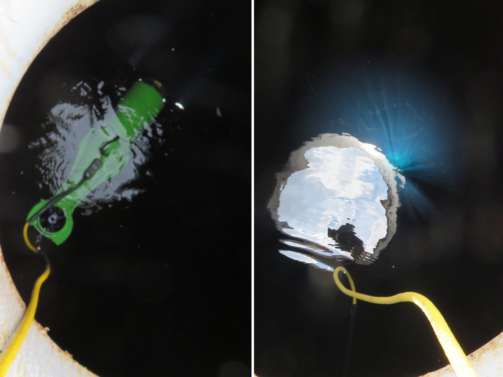 Split view of a remotely operated vehicle and its footage of a technician looking down into a water tank