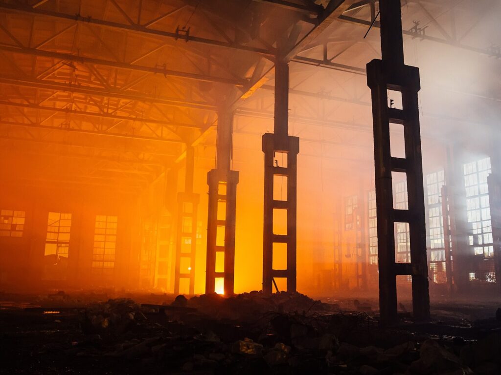 Inside of a burning factory