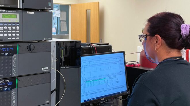 Chemist studies ion chromatography test results on a computer monitor