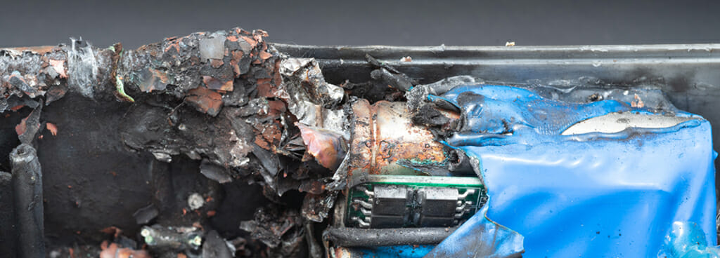An exploded battery in a Bluetooth speaker under a forensic fire and explosion investigation.