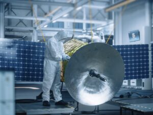 Radiation expert in protective clothing examines a satellite in a lab