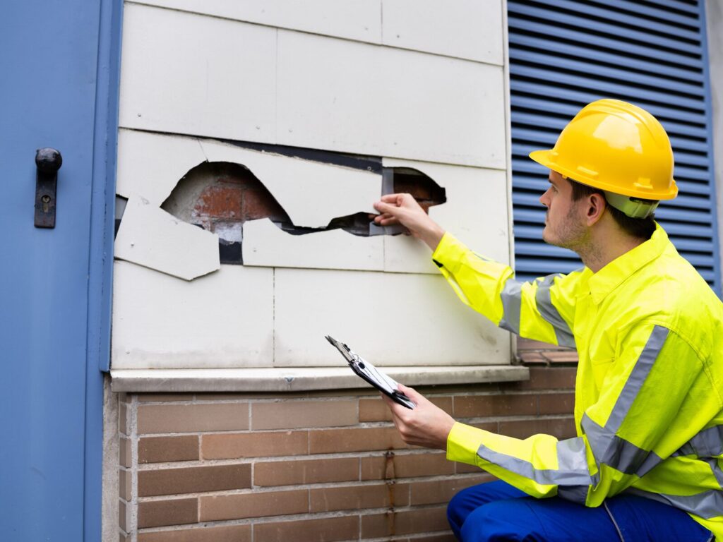 Engineer inspects the damaged facade of a building. He holds a clipboard.