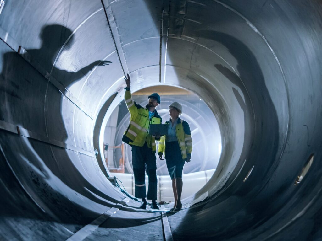 Two engineers enter an enormous industrial pipe. They wear protective hard hats and jackets.
