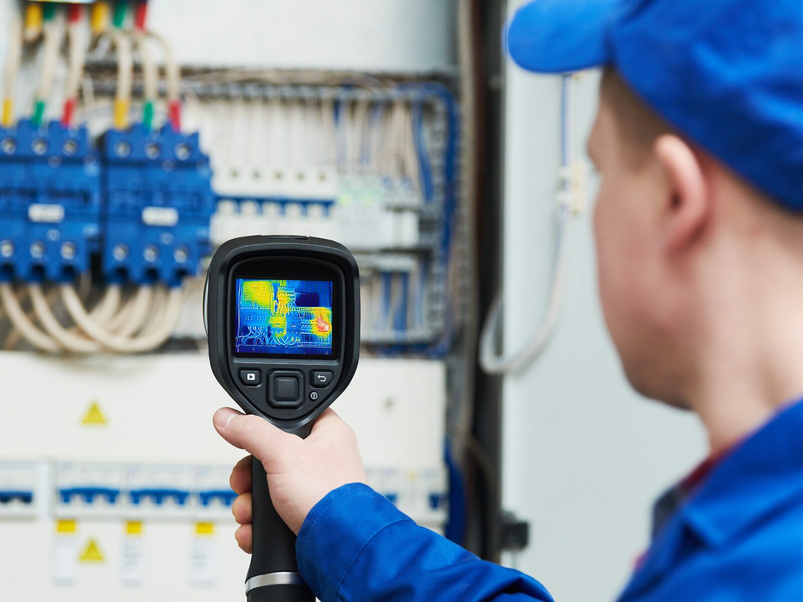 Inspector uses a handheld infrared thermographer to scan an electrical system for heat signatures.