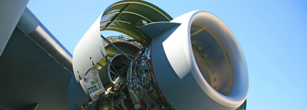 C17 airplane engine open for confidential industrial mechanical services.