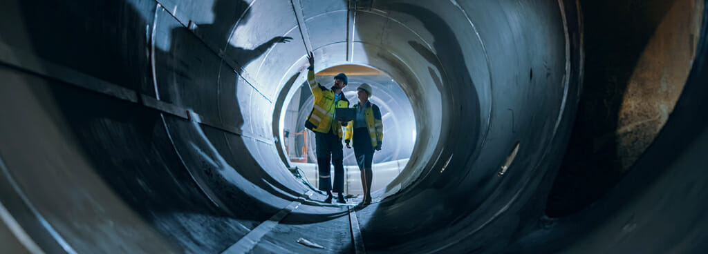 Two forensic consultants walk through an industrial tunnel. The male consultant points upward and doesn't touch the top of the tunnel. Their shadows curve on the walls.