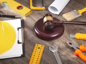 Forensic expert witness concept. A judge's gavel surrounded by engineering tools, a hard hat, and a clipboard.