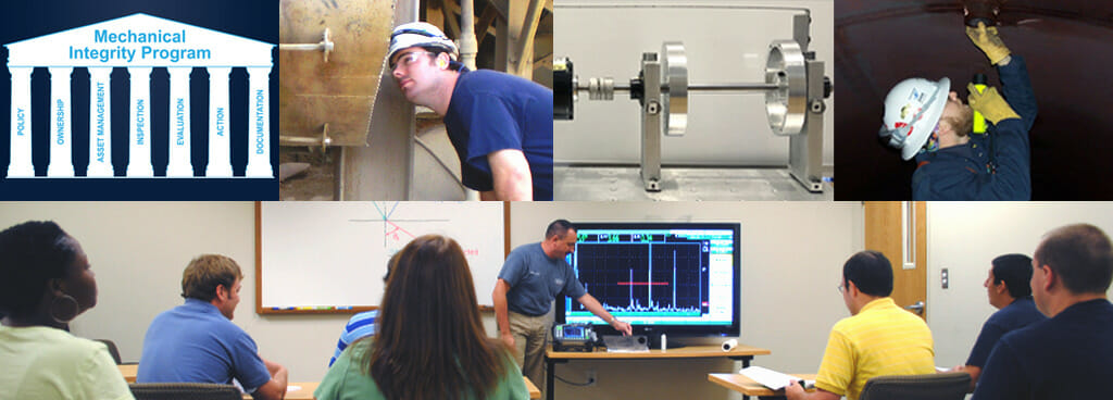 A banner of ATS' reliability engineering training services. Pictured clockwise: the pillars of mechanical integrity, a man performing a visual inspection, a condition monitoring device, a man inspecting a tank, and a classroom for training.