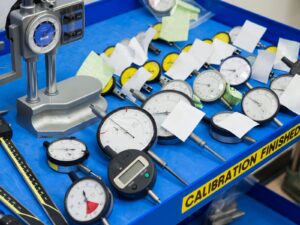 A tabletop of dial gauges. The table has a sign that says "Calibration Finished."