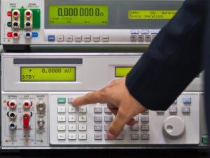 Technician operates an oscilloscope for electrical calibration.