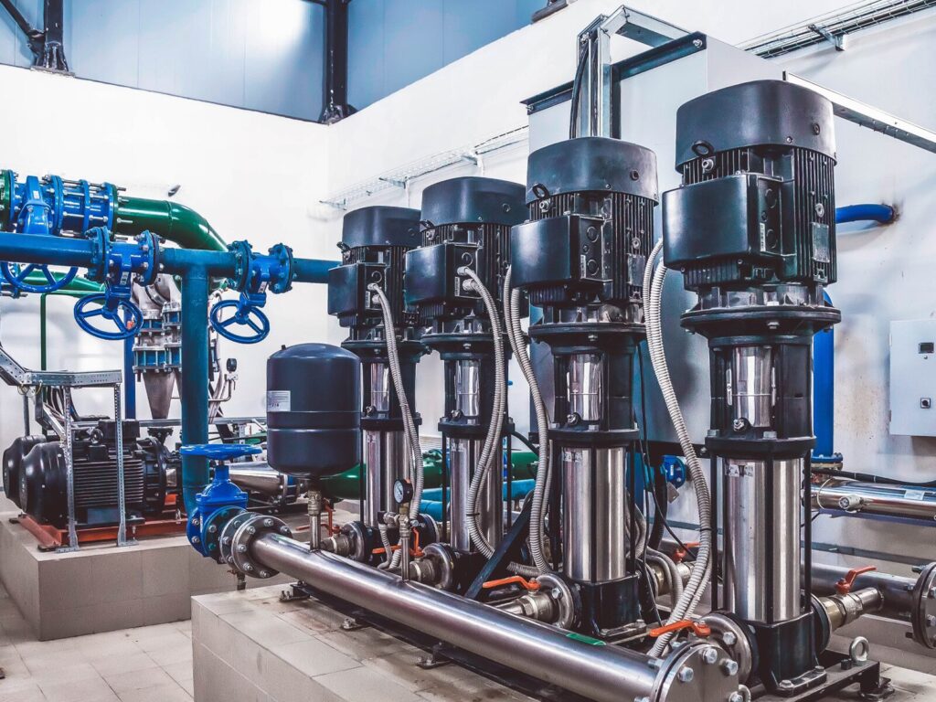 Water pipelines and flow meters in an indoor facility