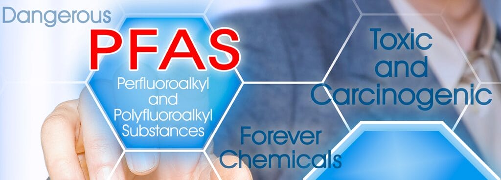Abstract of PFAS compliance and dangers. A male model points at the viewer. Hexagons and text describing PFAS hover around the model. The text includes: Dangerous, PFAS, Perfluoroalkyl and Polyfluoroalkyl substances, Forever Chemicals, and Toxic and Carcinogenic.