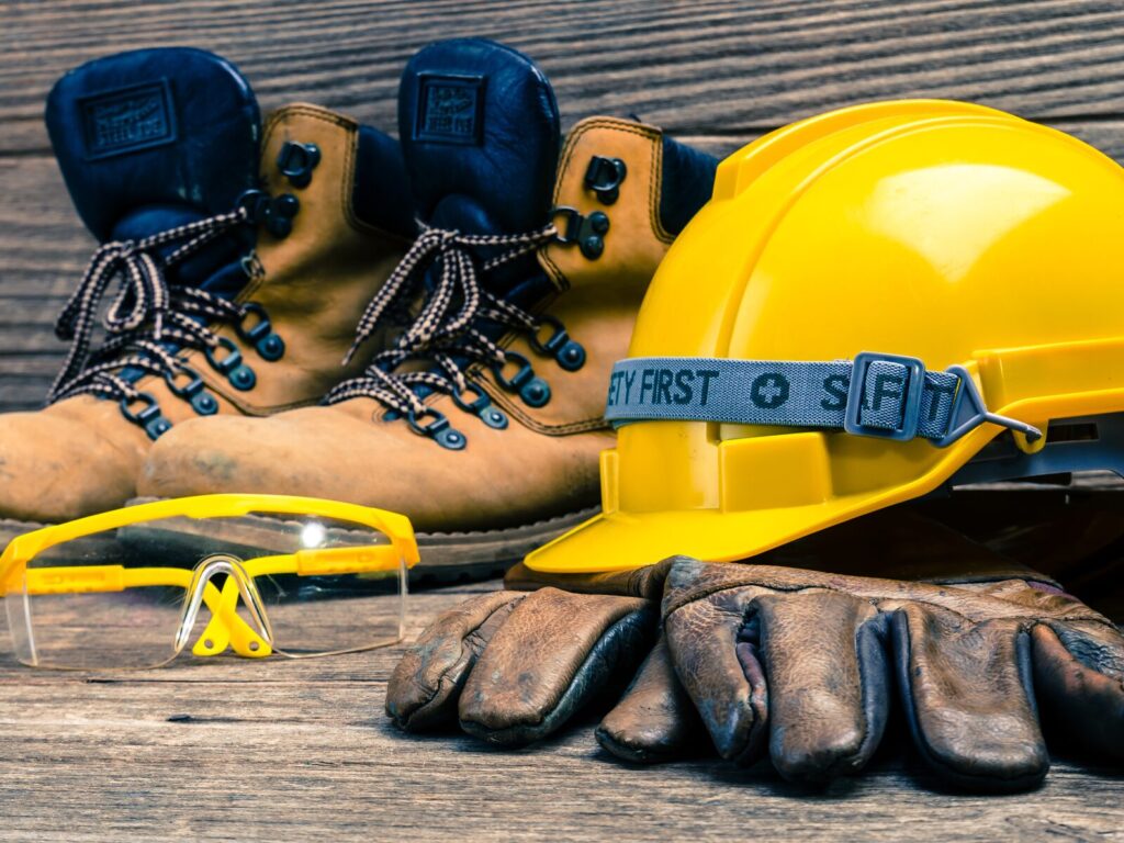 Workplace safety gear: non-slip boots, goggles, a hard hat, and gloves