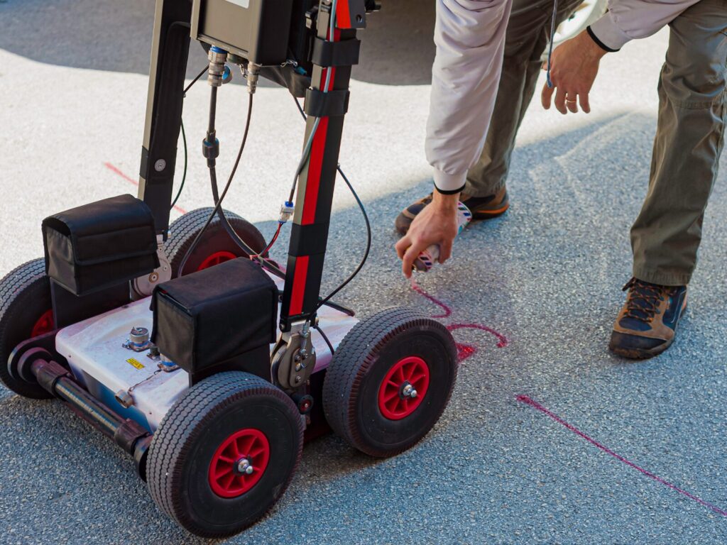 Technician uses a paint canister to spray red paint marking the results of a ground penetrating radar (GPR) scan.