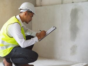 Moisture stains on a wall. A property condition expert records his observations on a clipboard.