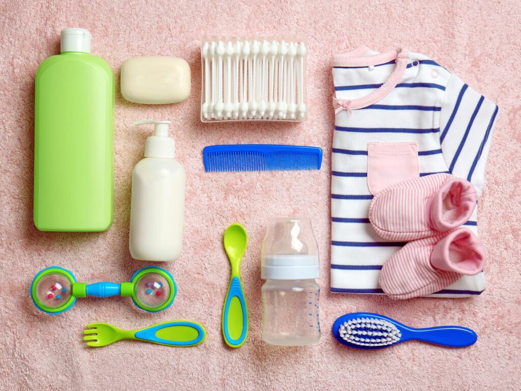 Baby products on a pink carpet