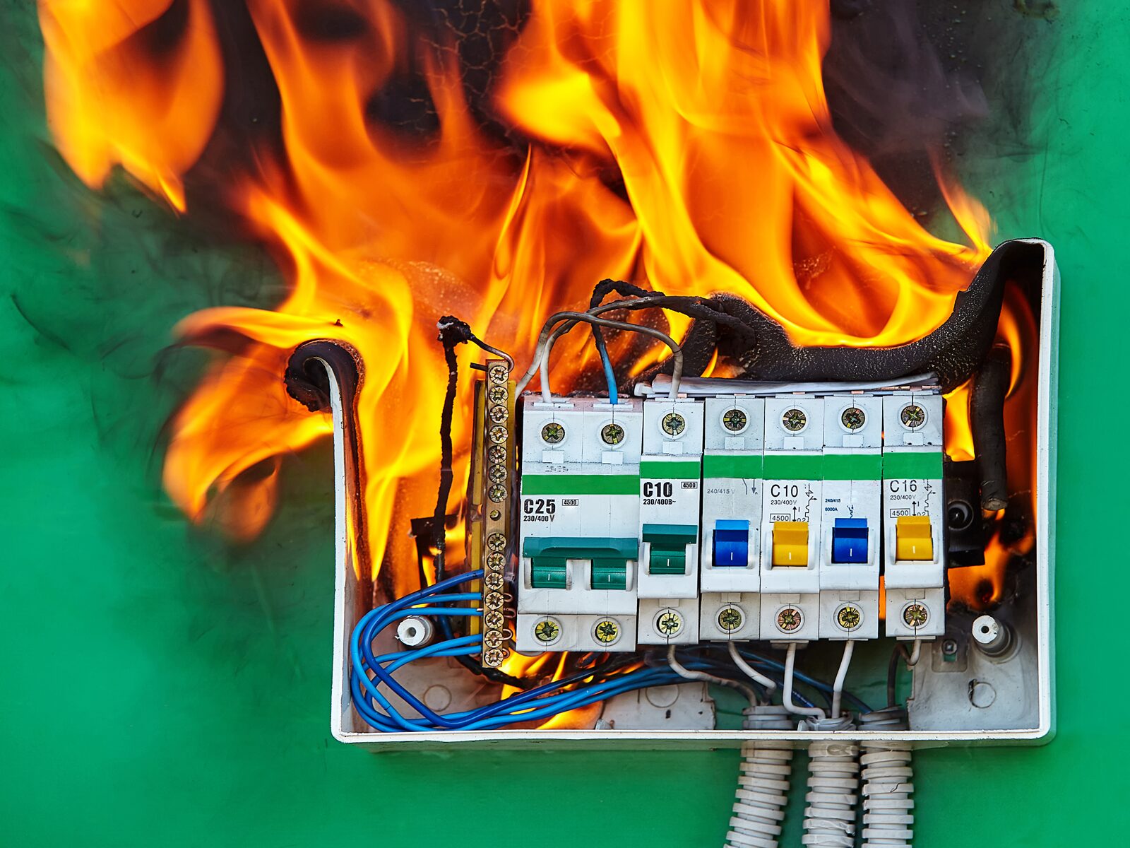 An electrical box on fire. Flames and smoke rise out of the circuitry.