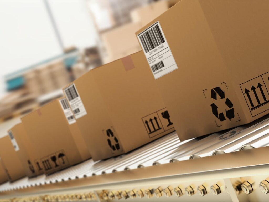 A conveyor belt of packages for shipment