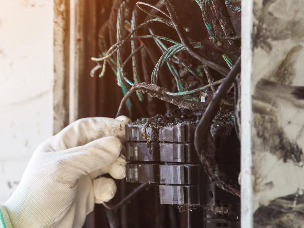 A gloved hand touches charred wires after an electrical fire in a control box