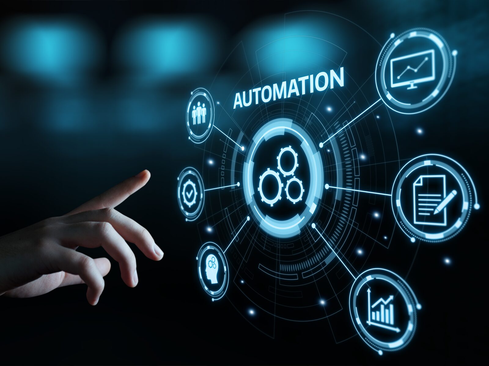 Business process automation concept. A hand points to symbols of business.