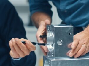 Two engineers discuss a newly manufactured component