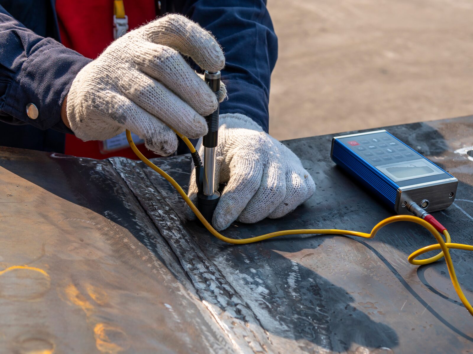 Field technician uses a Brinell Hardness tester to determine the hardness of a newly welded pipeline