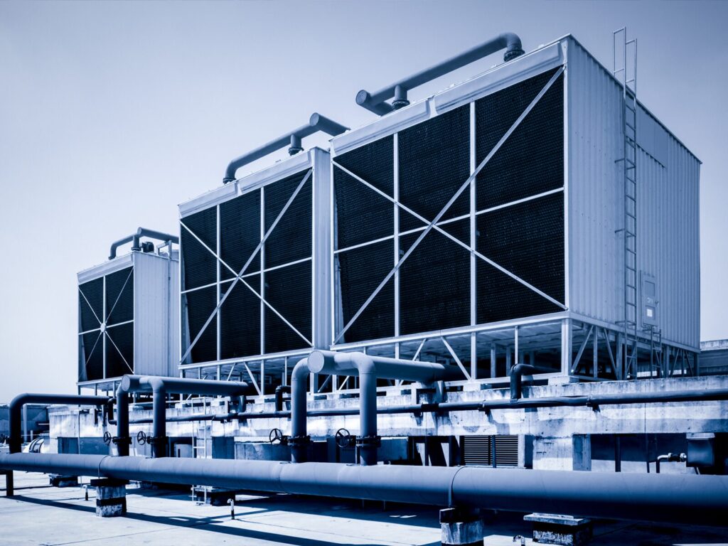 Large industrial cooling towers at a data center