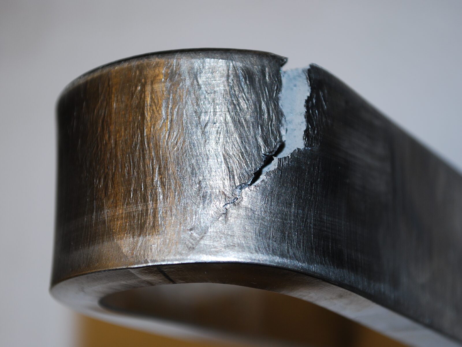 A failed weld sample after a bend test