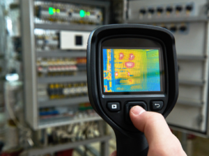 A technician directs a handheld thermographer for an infrared scan of an electrical box.