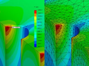 Finite element analysis with grid mapping of dimensions and pressure points.